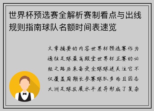 世界杯预选赛全解析赛制看点与出线规则指南球队名额时间表速览